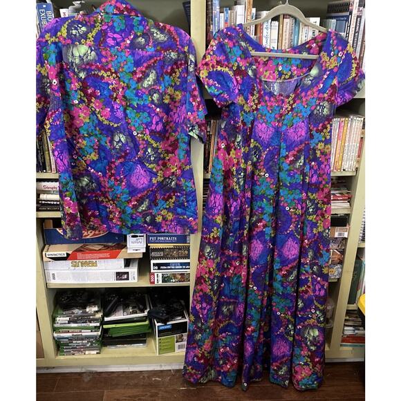 Vintage 60s Barkcloth Hawaiian Honeymoon Set Maxi Dress & Men's Shirt Purple L M - Picture 5 of 10